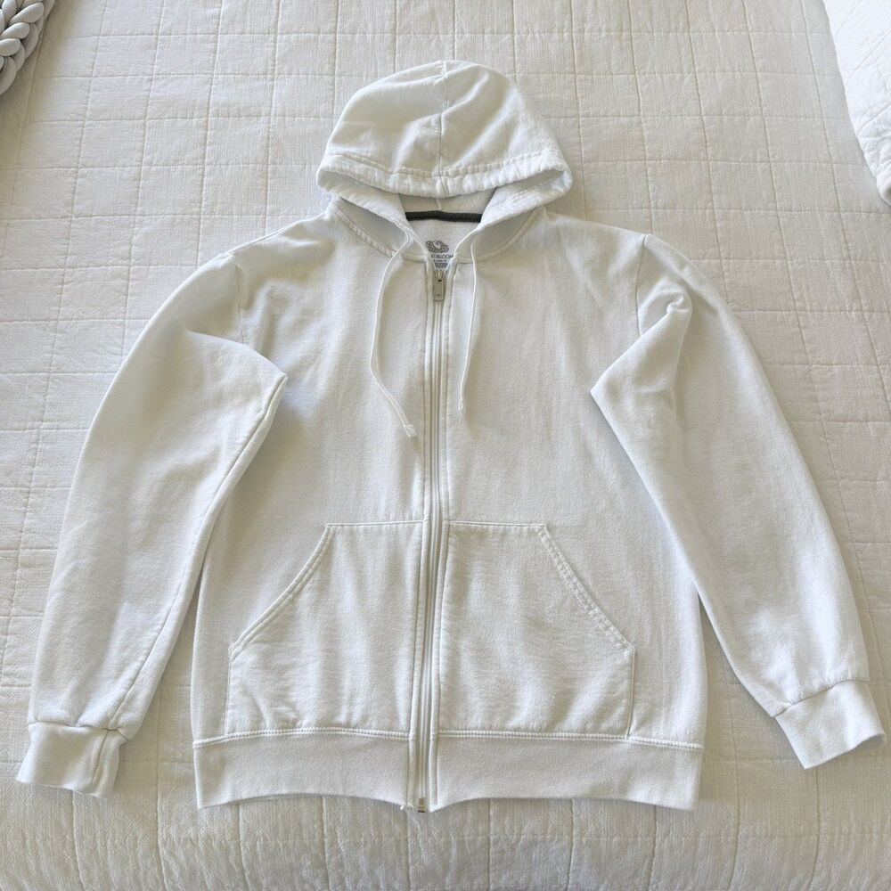 Fruit of the Loom Men’s White Fleece Full Zip Hoodie Pockets Drawstring Size S